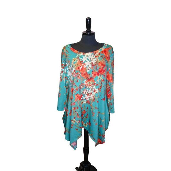 Sunny Leigh Flowing Draped Asymmetrical Hem Floral Blouse Fairy Pixie - Picture 1 of 4